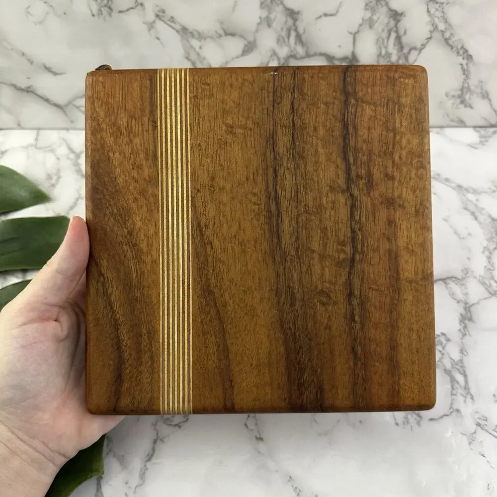 Vintage Handmade Wood Trivet Small Cutting Board Dark Brown Stripe Inlay Square